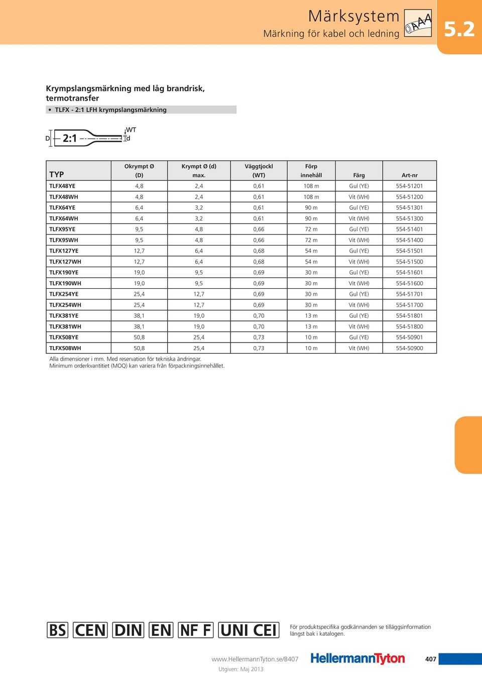 0,61 90 m Vit (WH) 554-51300 TLFX95YE 9,5 4,8 0,66 72 m Gul (YE) 554-51401 TLFX95WH 9,5 4,8 0,66 72 m Vit (WH) 554-51400 TLFX127YE 12,7 6,4 0,68 54 m Gul (YE) 554-51501 TLFX127WH 12,7 6,4 0,68 54 m