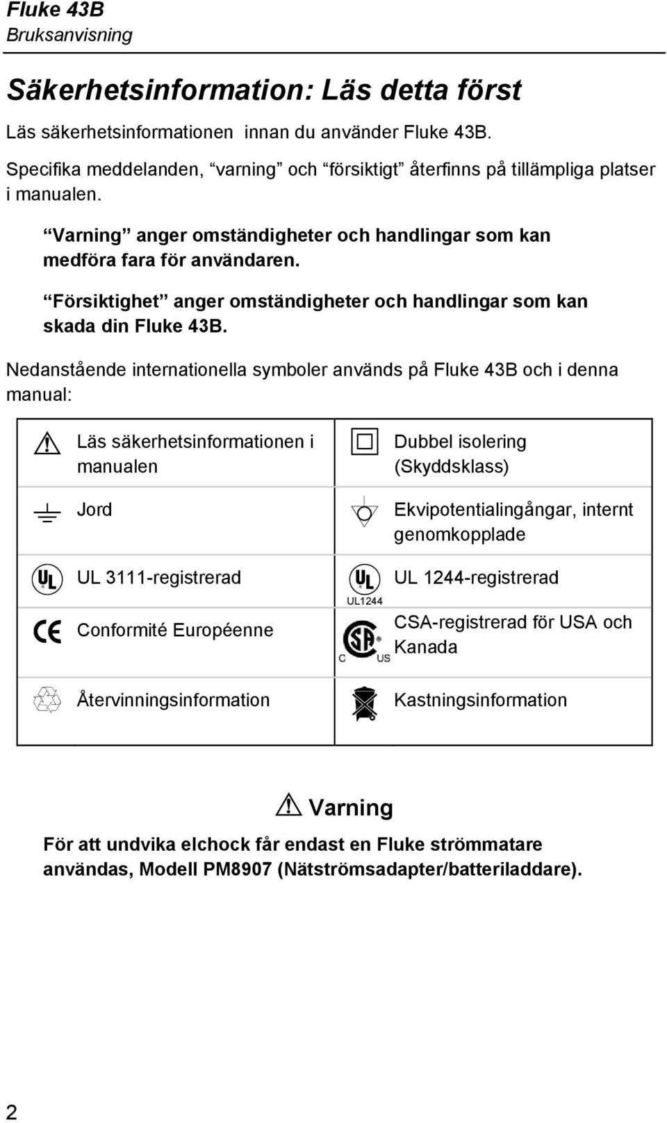 Nedanstående internationella symboler används på Fluke 43B och i denna manual: Läs säkerhetsinformationen i manualen Jord UL 3111-registrerad Conformité Européenne Återvinningsinformation UL1244