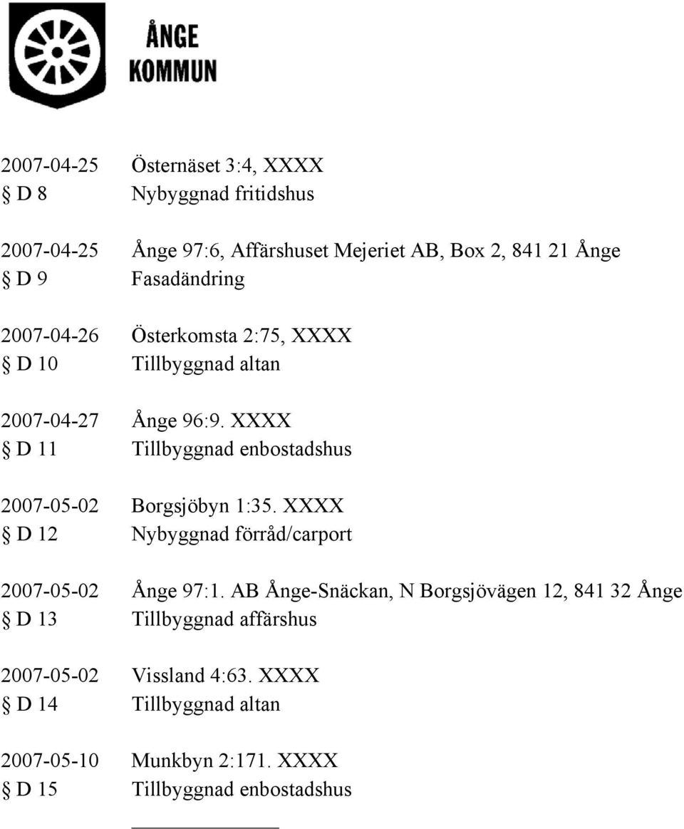 XXXX D 11 Tillbyggnad enbostadshus 2007-05-02 Borgsjöbyn 1:35. XXXX D 12 Nybyggnad förråd/carport 2007-05-02 Ånge 97:1.