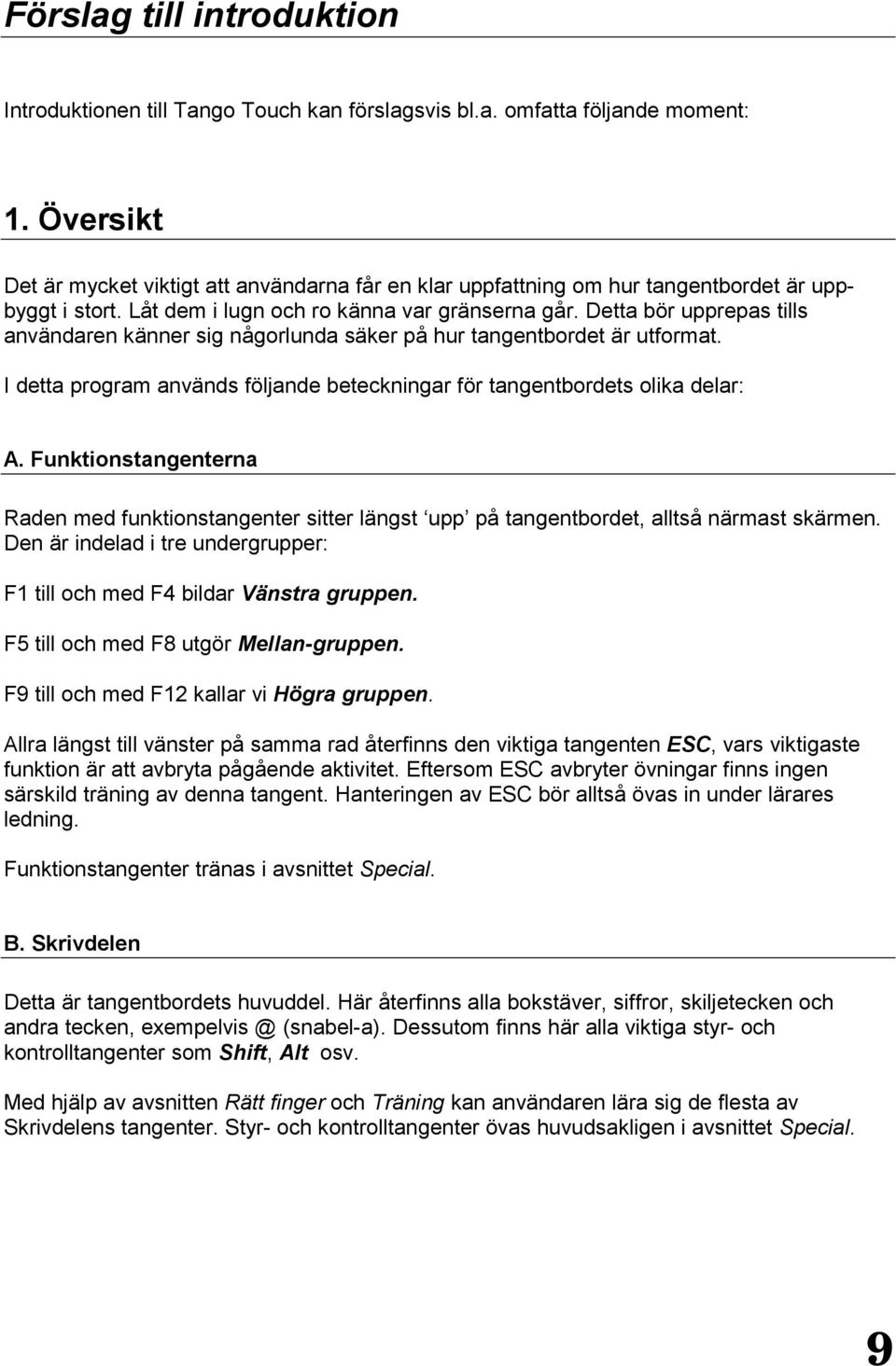 Detta bör upprepas tills användaren känner sig någorlunda säker på hur tangentbordet är utformat. I detta program används följande beteckningar för tangentbordets olika delar: A.