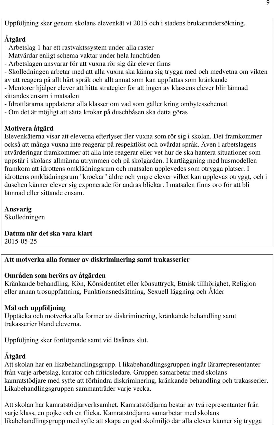 arbetar med att alla vuxna ska känna sig trygga med och medvetna om vikten av att reagera på allt hårt språk och allt annat som kan uppfattas som kränkande - Mentorer hjälper elever att hitta