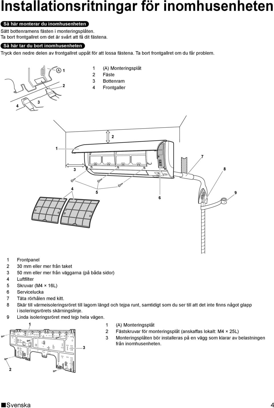 A (A) Monteringsplåt Fäste Bottenram Frontgaller 7 8 6 9 Frontpanel 0 mm eller mer från taket 0 mm eller mer från väggarna (på båda sidor) Luftfi lter Skruvar (M 6L) 6 Servicelucka 7 Täta rörhålen