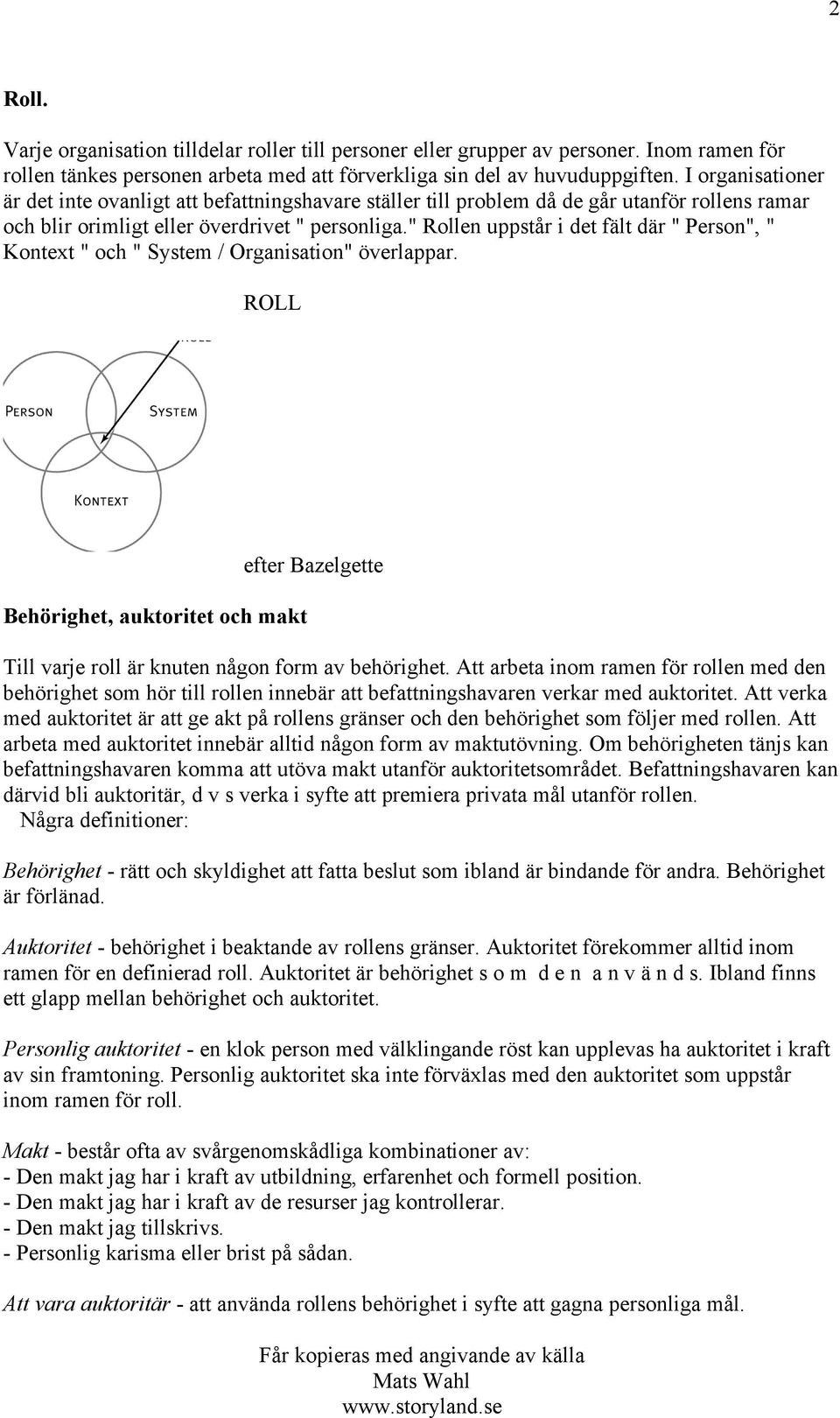 " Rollen uppstår i det fält där " Person", " Kontext " och " System / Organisation" överlappar.