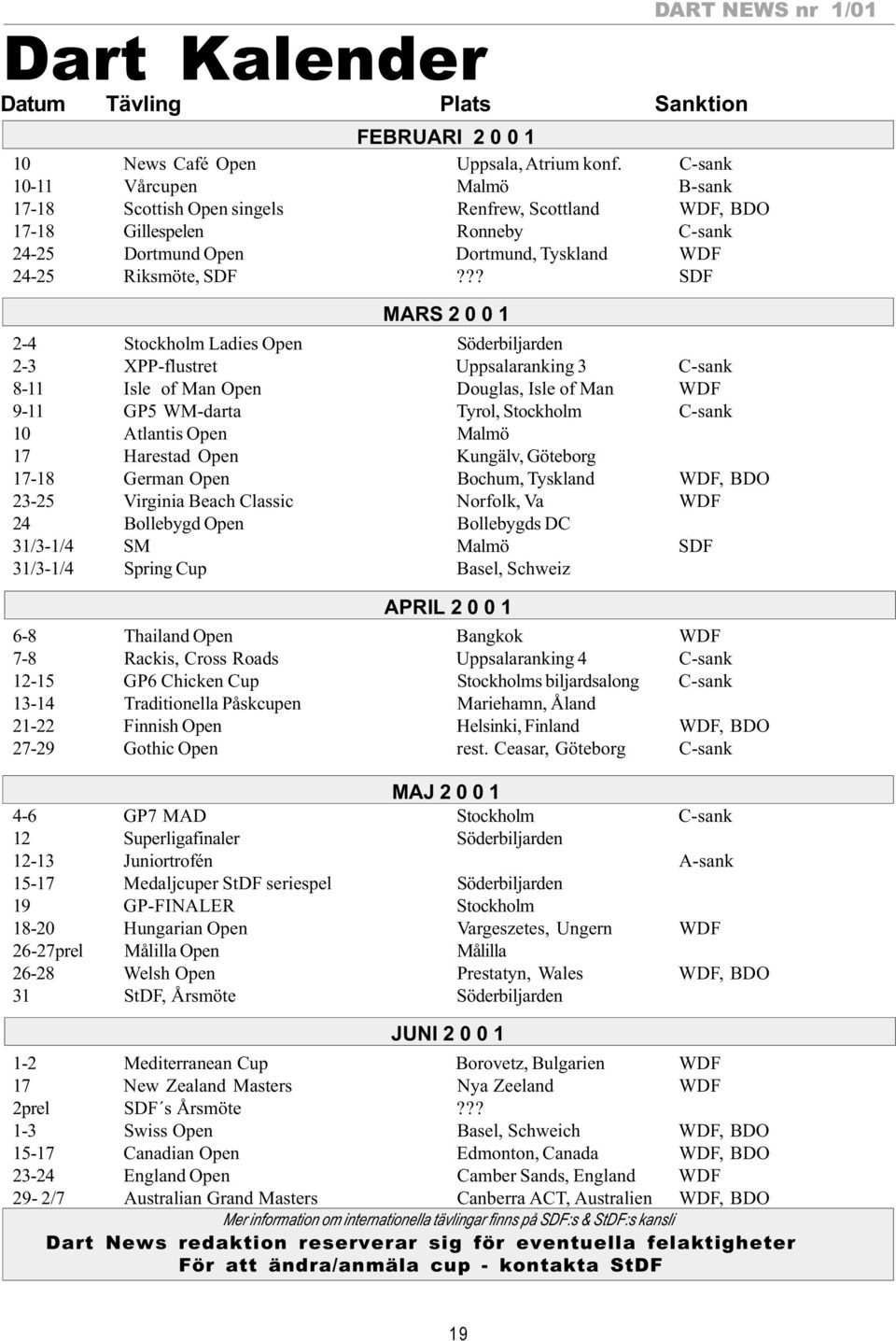 ?? SDF MARS 2 0 0 1 2-4 Stockholm Ladies Open Söderbiljarden 2-3 XPP-flustret Uppsalaranking 3 C-sank 8-11 Isle of Man Open Douglas, Isle of Man WDF 9-11 GP5 WM-darta Tyrol, Stockholm C-sank 10