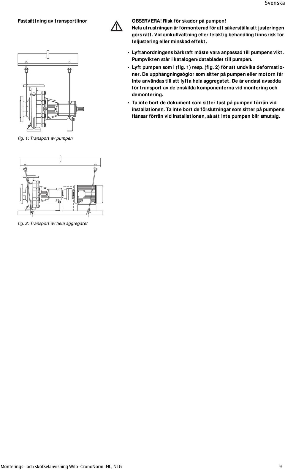 Pumpvikten står i katalogen/databladet till pumpen. Lyft pumpen som i (fig. 1) resp. (fig. 2) för att undvika deformationer.