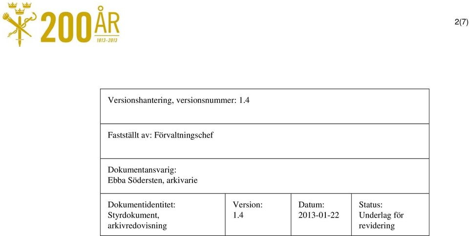 Södersten, arkivarie Dokumentidentitet: Styrdokument,