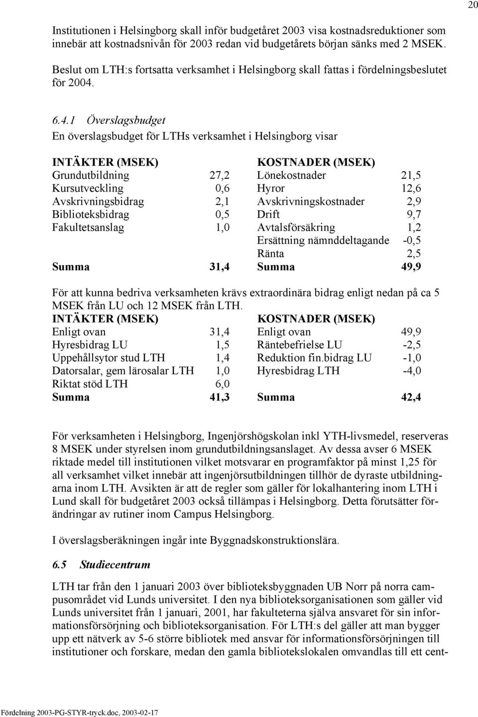 6.4.1 Överslagsbudget En överslagsbudget för LTHs verksamhet i Helsingborg visar INTÄKTER (MSEK) KOSTNADER (MSEK) Grundutbildning 27,2 Lönekostnader 21,5 Kursutveckling 0,6 Hyror 12,6