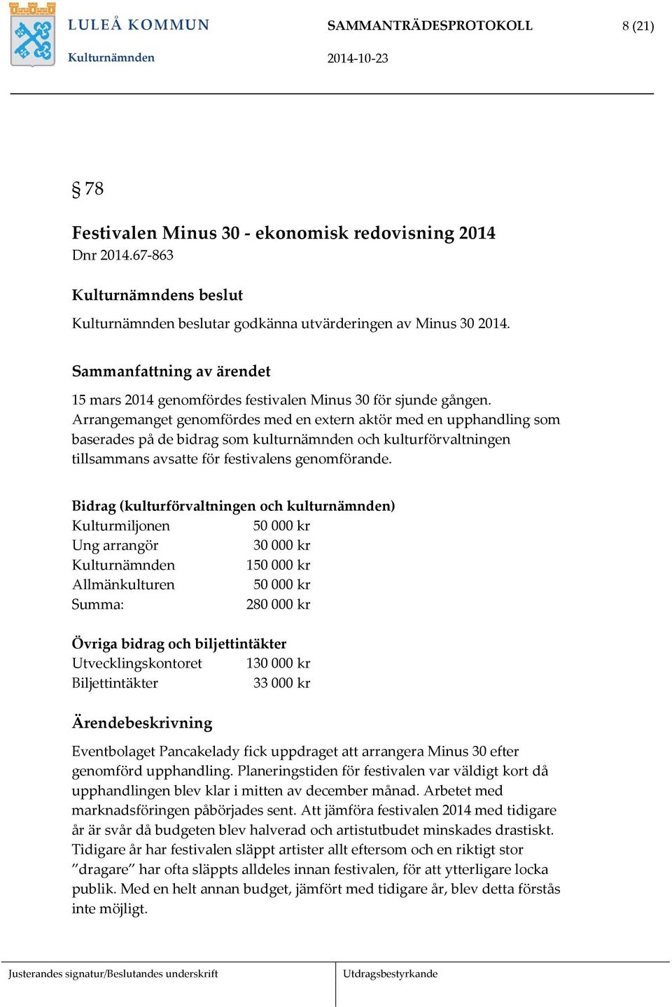 Arrangemanget genomfördes med en extern aktör med en upphandling som baserades på de bidrag som kulturnämnden och kulturförvaltningen tillsammans avsatte för festivalens genomförande.