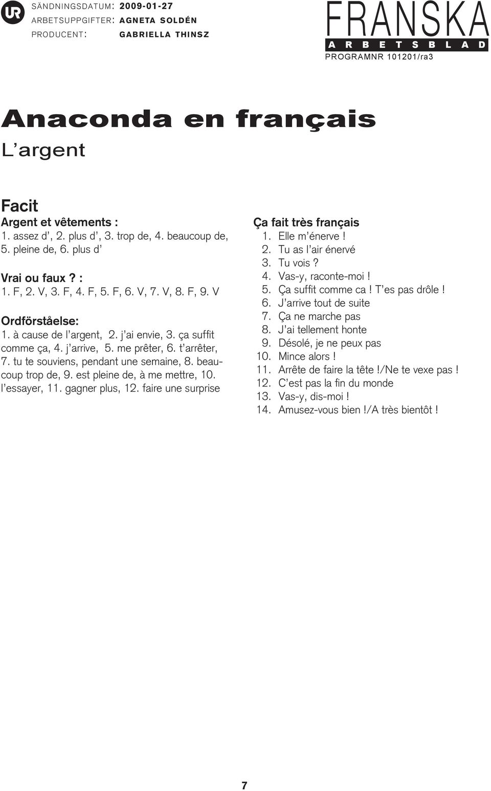 l essayer, 11. gagner plus, 12. faire une surprise Ça fait très français 1. Elle m énerve! 2. Tu as l air énervé 3. Tu vois? 4. Vas-y, raconte-moi! 5. Ça suffit comme ca! T es pas drôle! 6.