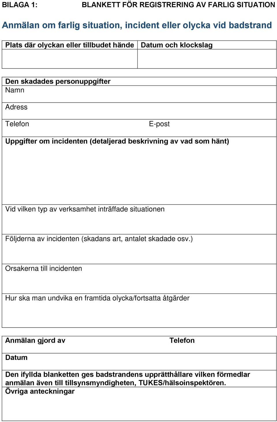 situationen Följderna av incidenten (skadans art, antalet skadade osv.