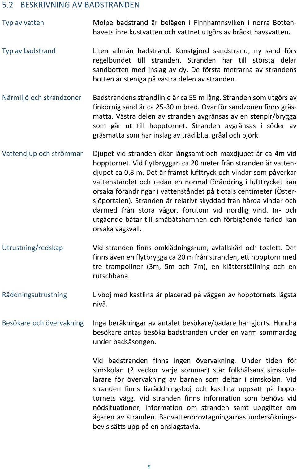 Stranden har till största delar sandbotten med inslag av dy. De första metrarna av strandens botten är steniga på västra delen av stranden. Badstrandens strandlinje är ca 55 m lång.