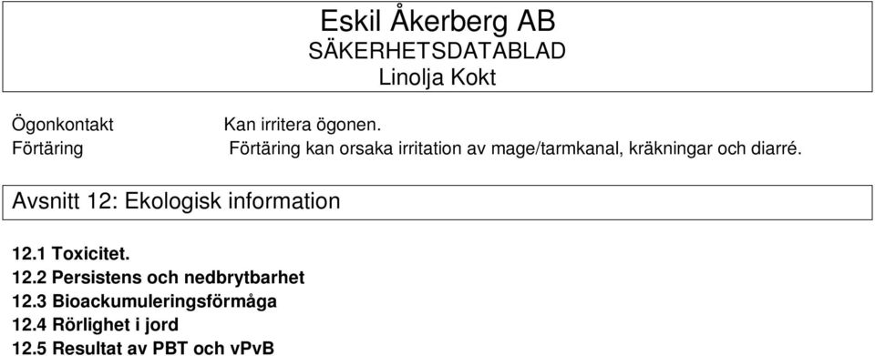 6 Andra skadliga effekter Bedömning Produkten är inte giftig eller skadlig för miljön. Avsnitt 13: Avfallshantering 13.