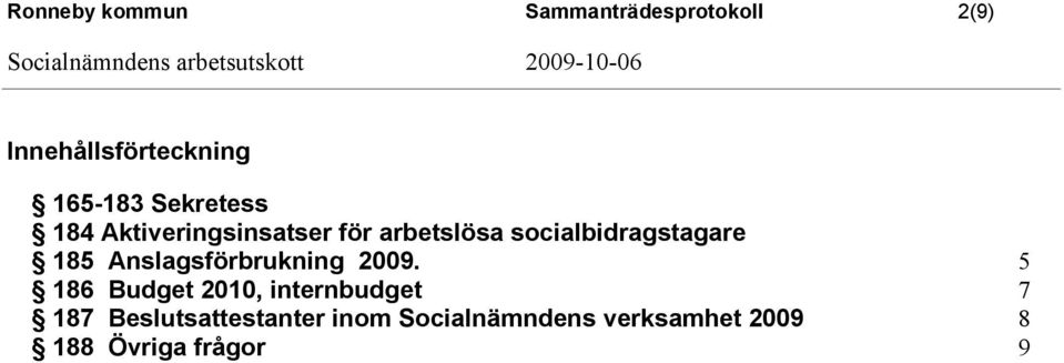 socialbidragstagare 185 Anslagsförbrukning 2009.