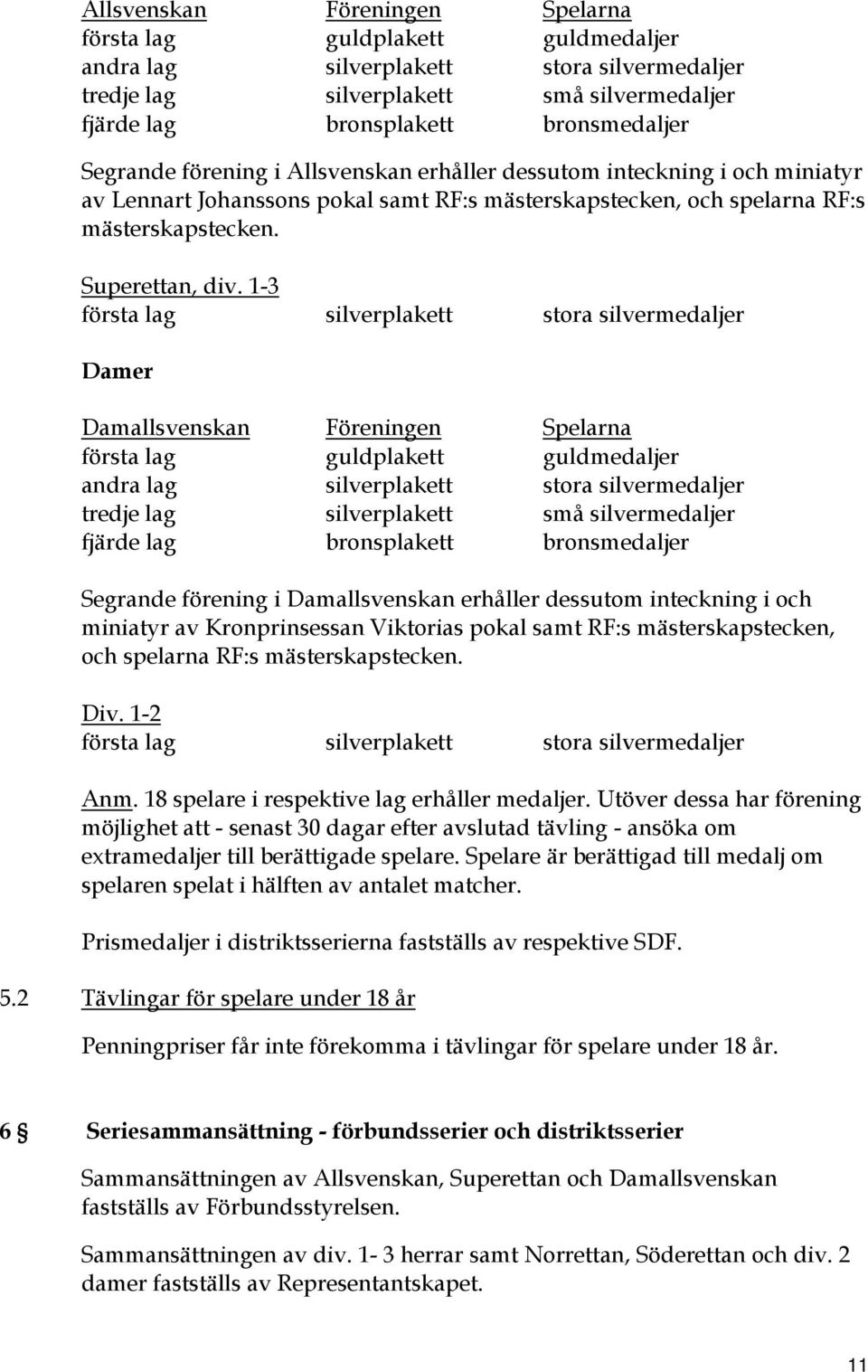 1-3 första lag silverplakett stora silvermedaljer Damer Damallsvenskan Föreningen Spelarna första lag guldplakett guldmedaljer andra lag silverplakett stora silvermedaljer tredje lag silverplakett