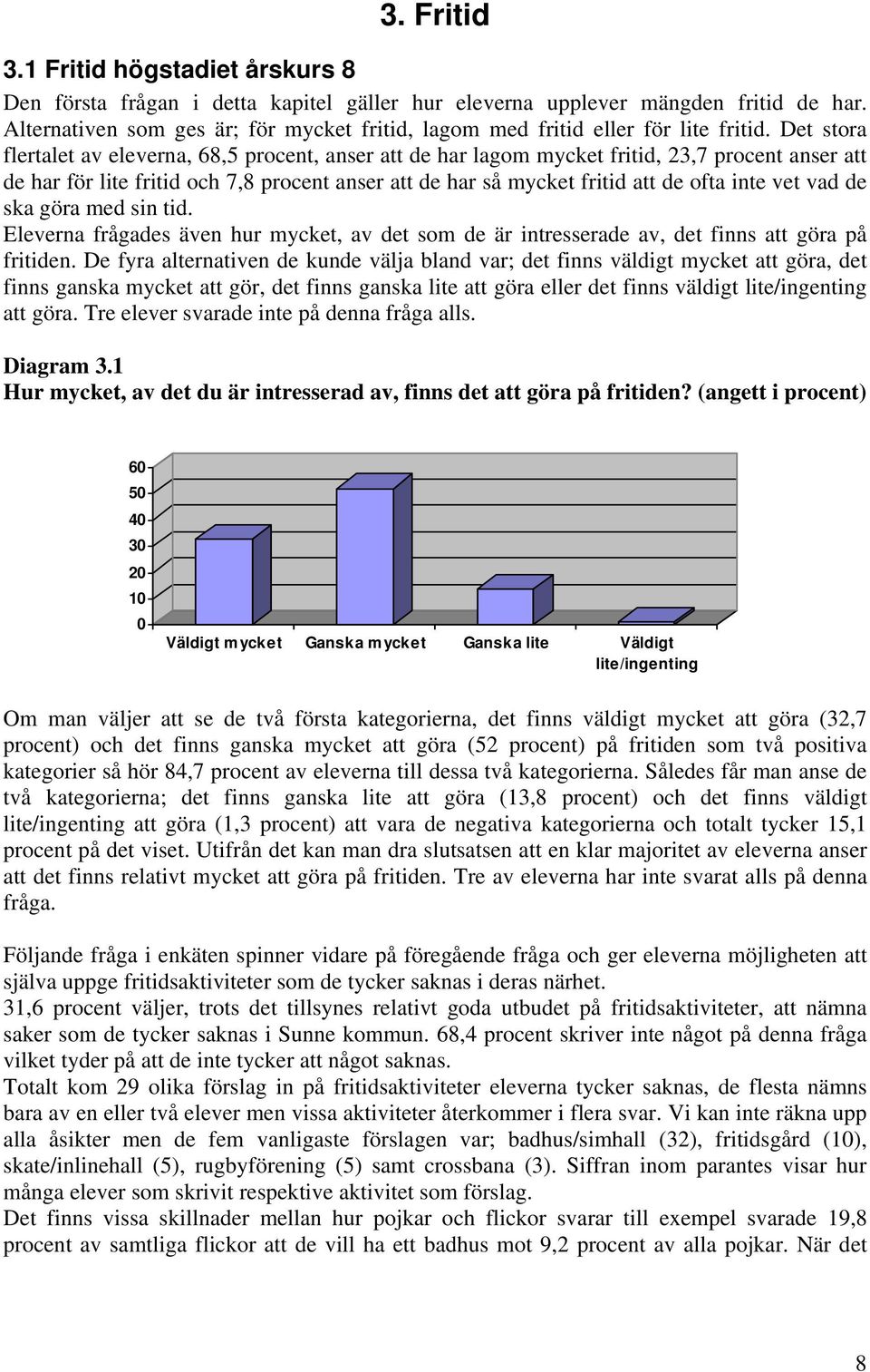 Det stora flertalet av eleverna, 68,5 procent, anser att de har lagom mycket fritid, 23,7 procent anser att de har för lite fritid och 7,8 procent anser att de har så mycket fritid att de ofta inte