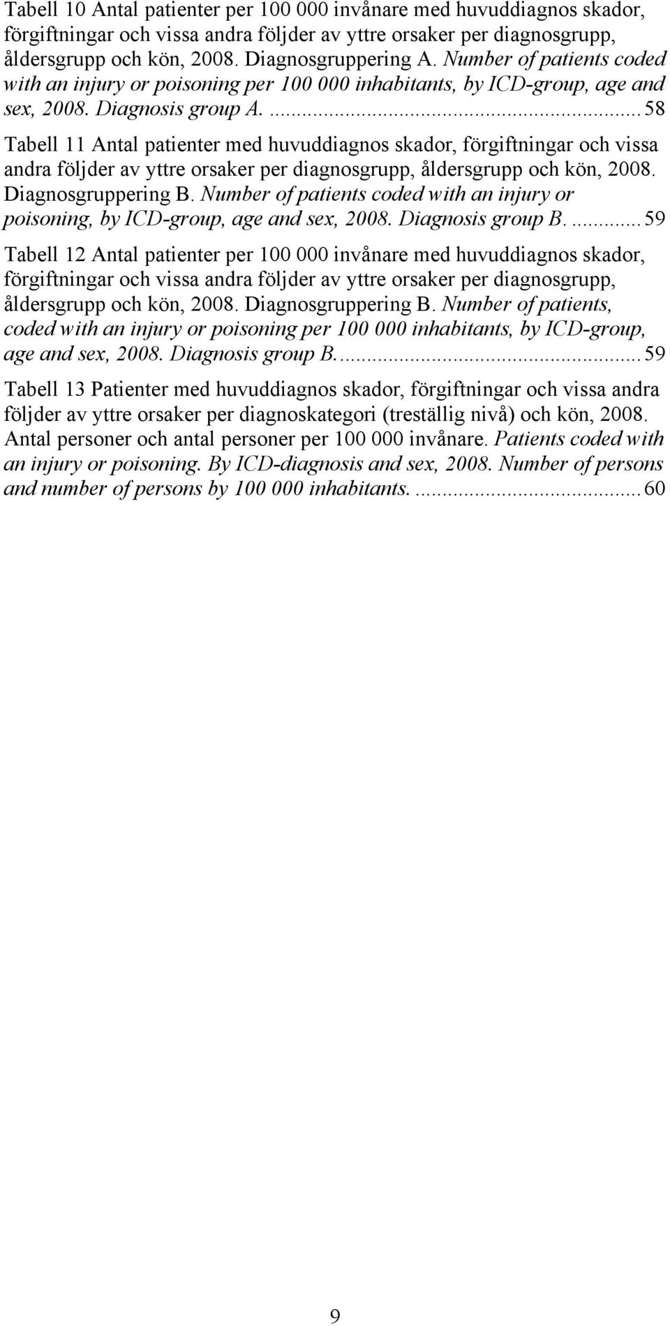 ...58 Tabell 11 Antal patienter med huvuddiagnos skador, förgiftningar och vissa andra följder av yttre orsaker per diagnosgrupp, åldersgrupp och kön, 2008. Diagnosgruppering B.