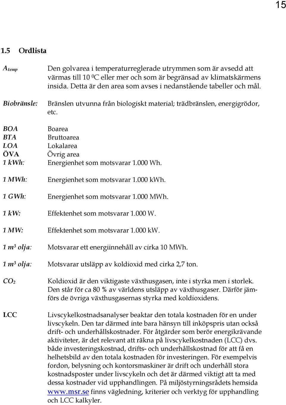 BOA Boarea BTA Bruttoarea LOA Lokalarea ÖVA Övrig area 1 kwh: Energienhet som motsvarar 1.000 Wh. 1 MWh: Energienhet som motsvarar 1.000 kwh. 1 GWh: Energienhet som motsvarar 1.000 MWh.