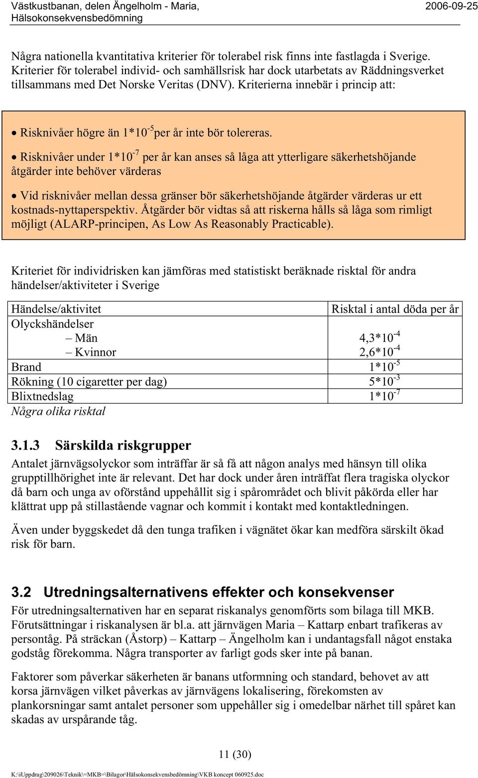 Kriterierna innebär i princip att: Risknivåer högre än 1*10-5 per år inte bör tolereras.