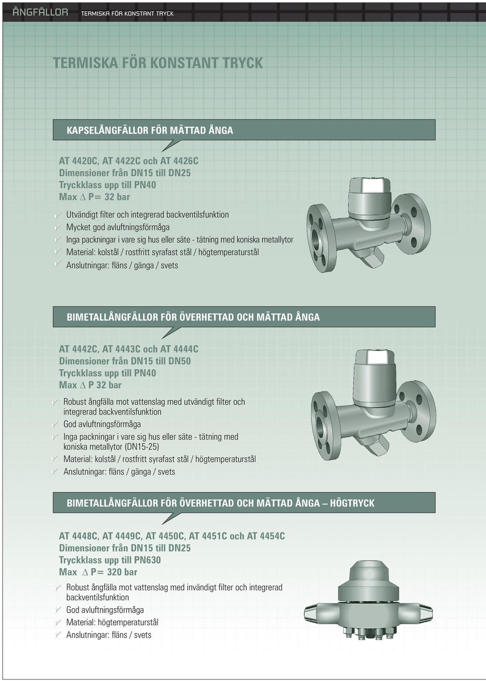 BIMETALLÅNGFÄLLOR FÖR ÖVERHETTAD OCH MÄTTAD ÅNGA AT 4442C, AT 4443C och AT 4444C Dimensioner från DN5 till DN50 Max P 32 bar Robust ångfälla mot vattenslag med utvändigt filter och integrerad