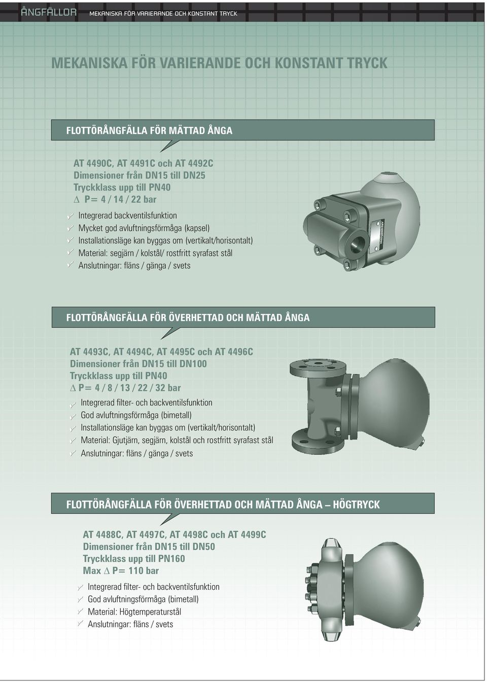 FLOTTÖRÅNGFÄLLA FÖR ÖVERHETTAD OCH MÄTTAD ÅNGA AT 4493C, AT 4494C, AT 4495C och AT 4496C Dimensioner från DN5 till DN00 P= 4 / 8 / 3 / 22 / 32 bar Integrerad filter- och backventilsfunktion God