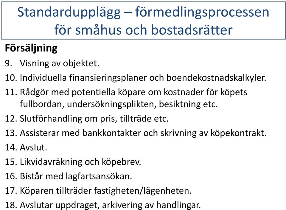 Rådgör med potentiella köpare om kostnader för köpets fullbordan, undersökningsplikten, besiktning etc. 12.