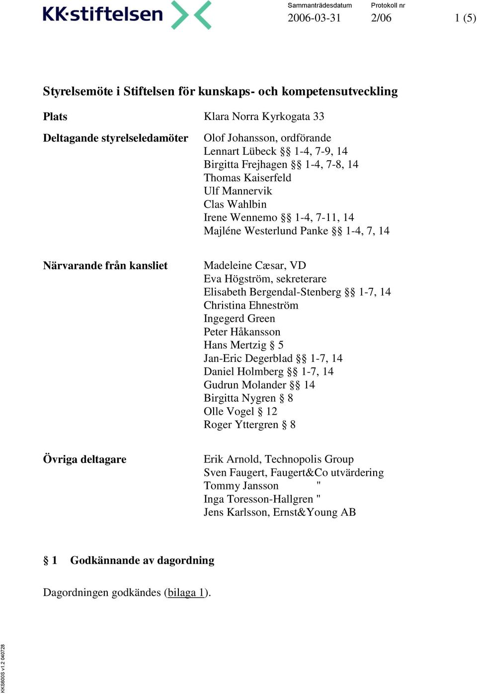 Johansson, ordförande Lennart Lübeck 1-4, 7-9, 14 Birgitta Frejhagen 1-4, 7-8, 14 Thomas Kaiserfeld Ulf Mannervik Clas Wahlbin Irene Wennemo 1-4, 7-11, 14 Majléne Westerlund Panke 1-4, 7, 14