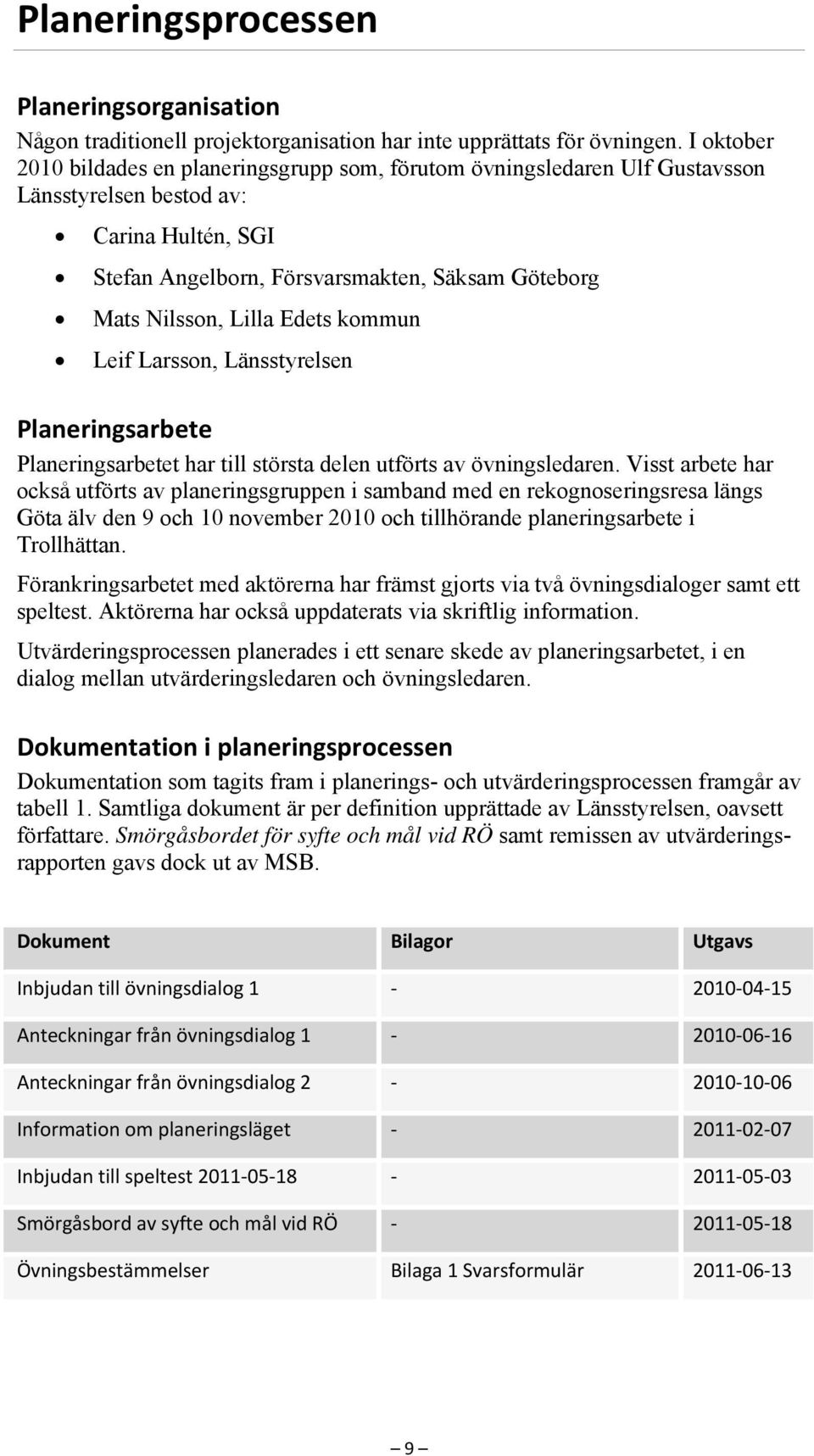 Edets kommun Leif Larsson, Länsstyrelsen Planeringsarbete Planeringsarbetet har till största delen utförts av övningsledaren.