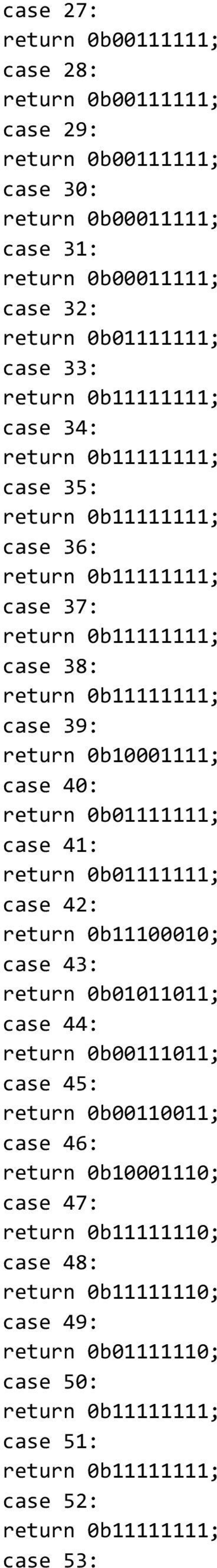 case 41: return 0b01111111; case 42: return 0b11100010; case 43: return 0b01011011; case 44: return 0b00111011; case 45: return 0b00110011;