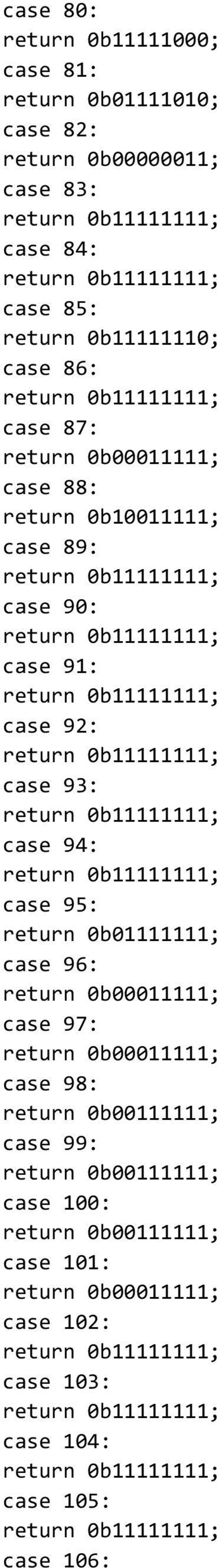 case 94: case 95: return 0b01111111; case 96: return 0b00011111; case 97: return 0b00011111; case 98: return 0b00111111;