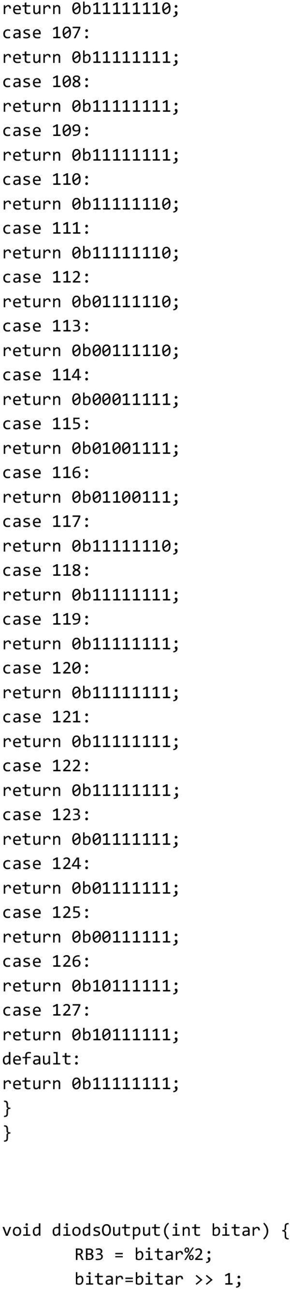 0b11111110; case 118: case 119: case 120: case 121: case 122: case 123: return 0b01111111; case 124: return 0b01111111; case 125: return