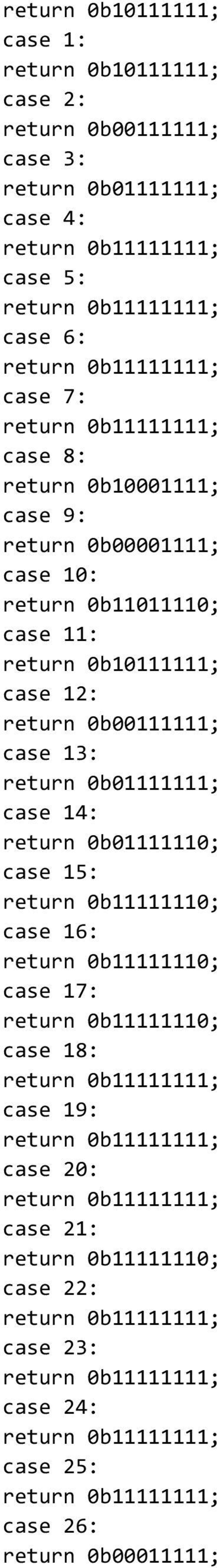 0b00111111; case 13: return 0b01111111; case 14: return 0b01111110; case 15: return 0b11111110; case 16: return 0b11111110; case