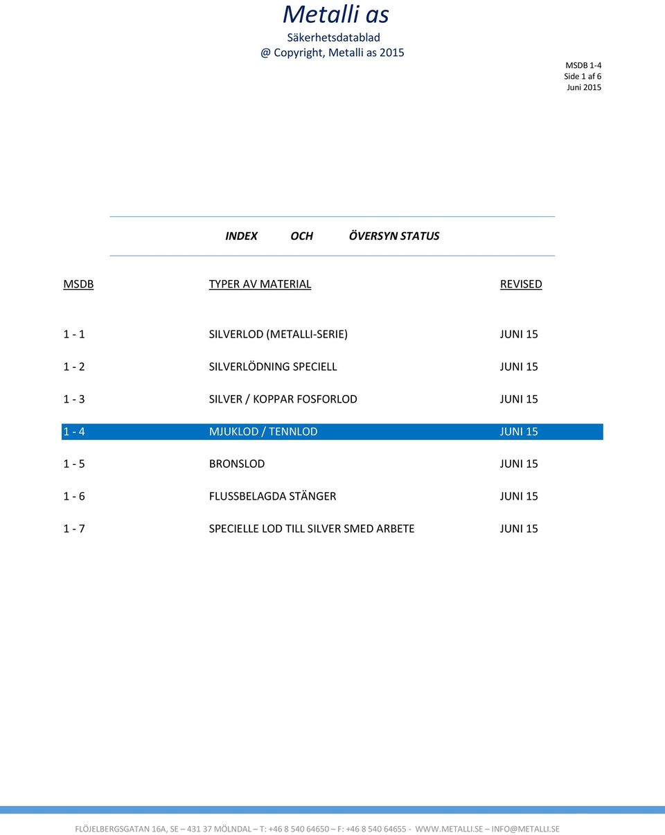 SILVER / KOPPAR FOSFORLOD JUNI 15 1-4 MJUKLOD / TENNLOD JUNI 15 1-5 BRONSLOD