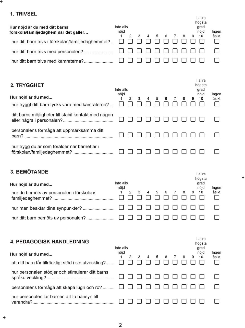 ... I allra 0 Ingen åsikt ditt barns möjligheter till stabil kontakt med någon eller några i personalen?... personalens förmåga att uppmärksamma ditt barn?