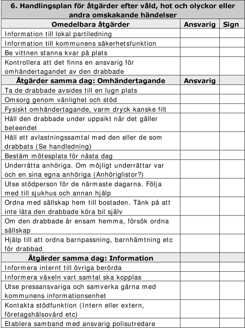 plats Omsorg genom vänlighet och stöd Fysiskt omhändertagande, varm dryck kanske filt Håll den drabbade under uppsikt när det gäller beteendet Håll ett avlastningssamtal med den eller de som drabbats