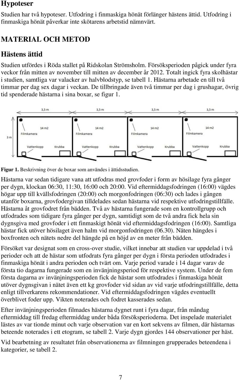 Totalt ingick fyra skolhästar i studien, samtliga var valacker av halvblodstyp, se tabell 1. Hästarna arbetade en till två timmar per dag sex dagar i veckan.