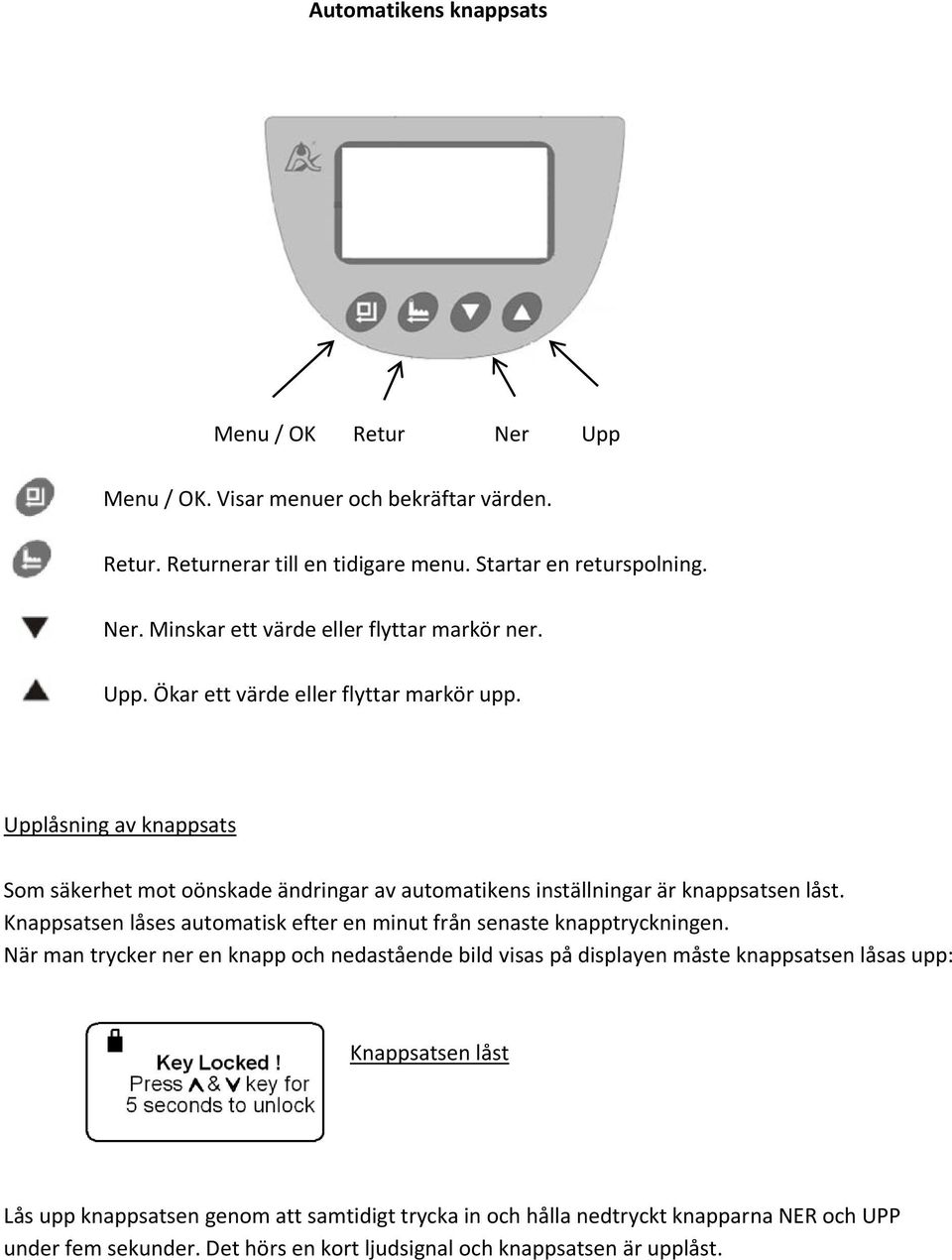 Knappsatsen låses automatisk efter en minut från senaste knapptryckningen.