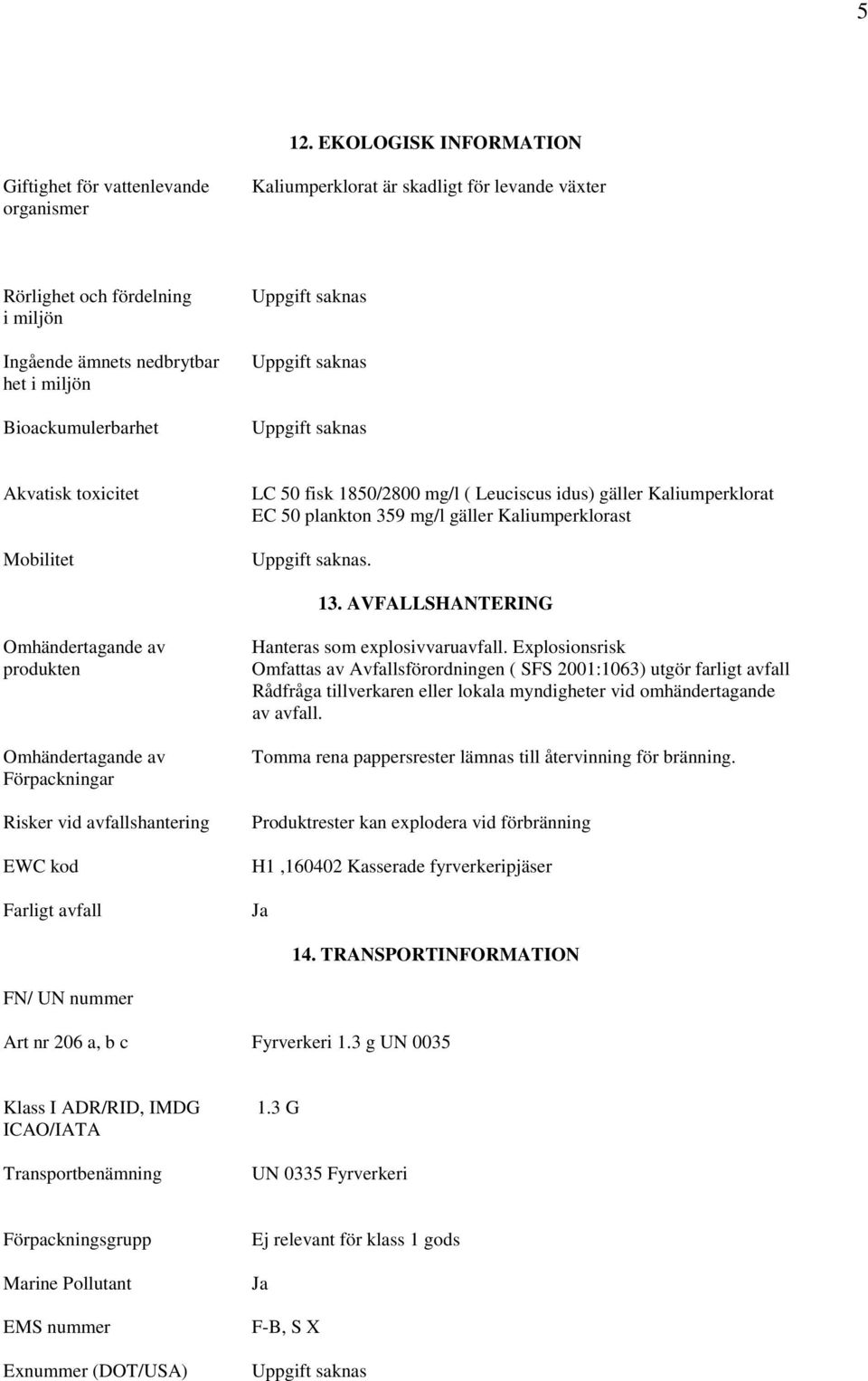 AVFALLSHANTERING Omhändertagande av produkten Omhändertagande av Förpackningar Risker vid avfallshantering EWC kod Farligt avfall Hanteras som explosivvaruavfall.