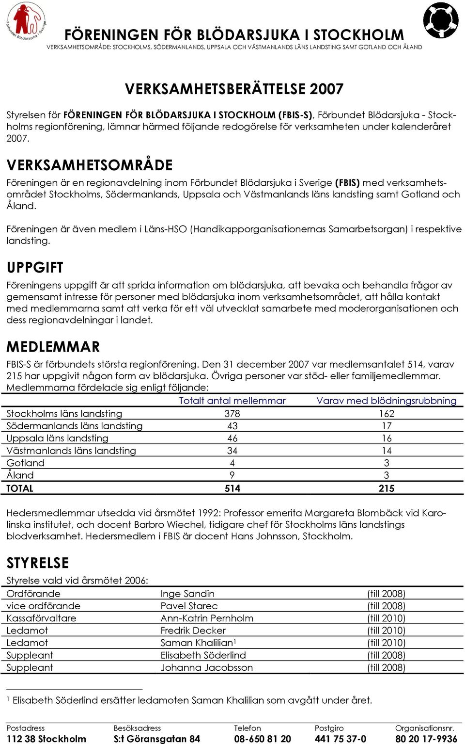 VERKSAMHETSOMRÅDE Föreningen är en regionavdelning inom Förbundet Blödarsjuka i Sverige (FBIS) med verksamhetsområdet Stockholms, Södermanlands, Uppsala och Västmanlands läns landsting samt Gotland