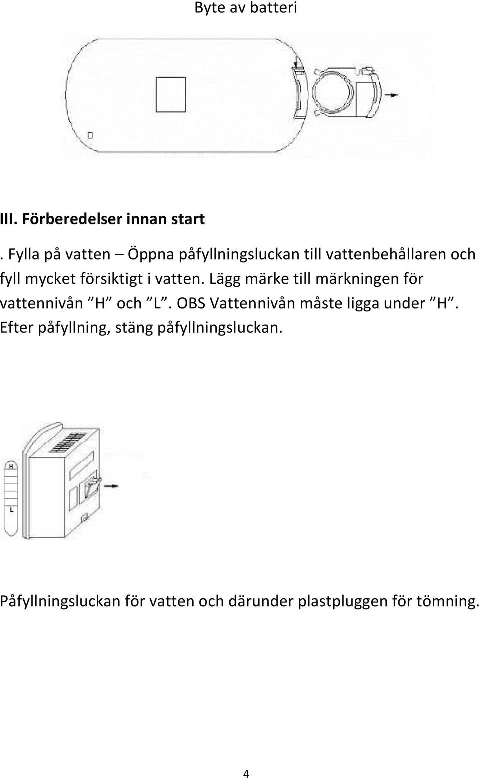 försiktigt i vatten. Lägg märke till märkningen för vattennivån H och L.