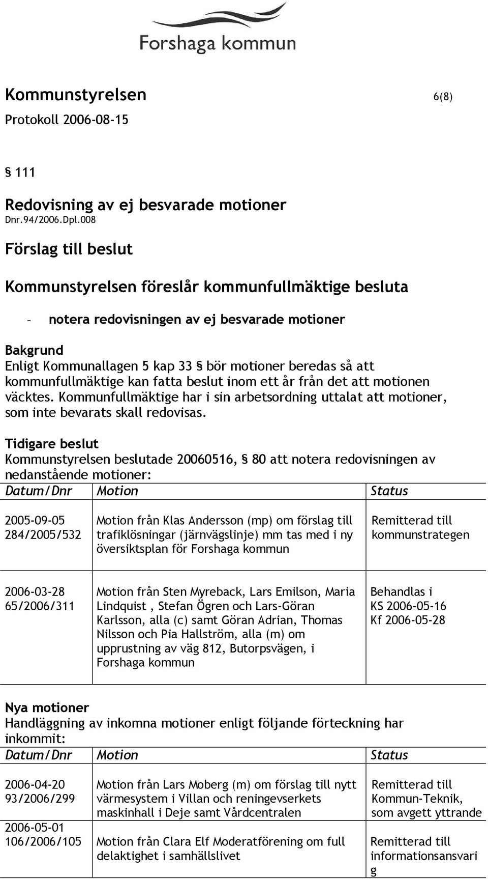 kan fatta beslut inom ett år från det att motionen väcktes. Kommunfullmäktige har i sin arbetsordning uttalat att motioner, som inte bevarats skall redovisas.