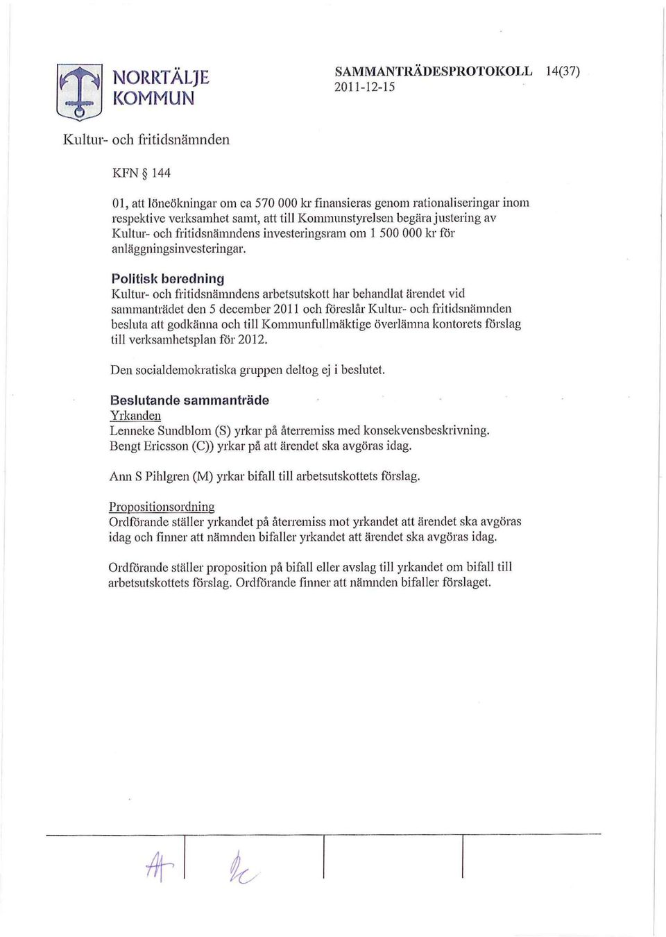 Politisk beredning s arbetsutskott har behandlat ärendet vid sammanträdet den 5 december 2011 och föreslår besluta godkänna och till Kommunfullmäktige överlämna kontorets förslag till verksamhetsplan