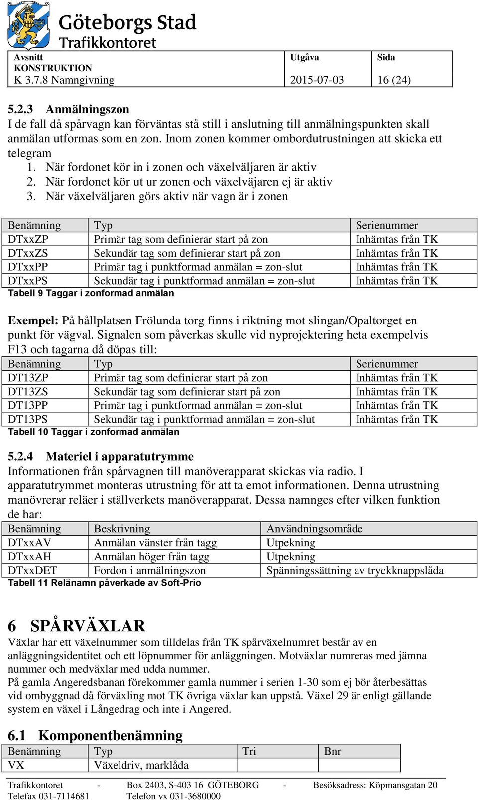 När växelväljaren görs aktiv när vagn är i zonen Benämning Typ Serienummer DTxxZP Primär tag som definierar start på zon Inhämtas från TK DTxxZS Sekundär tag som definierar start på zon Inhämtas från