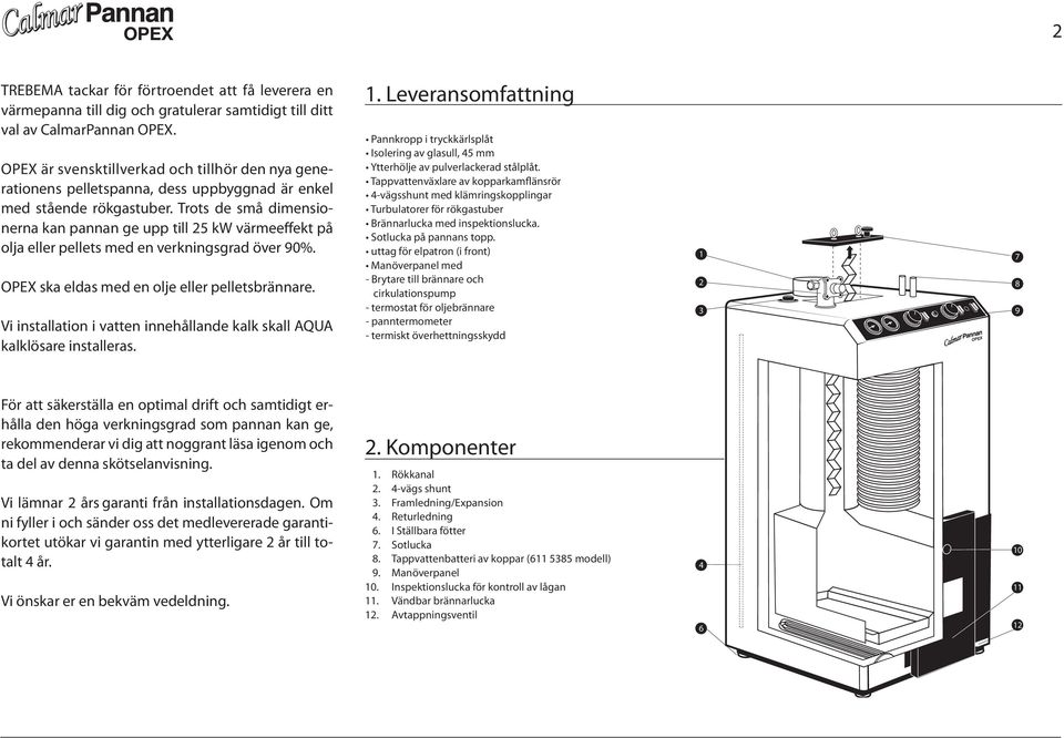 Trots de små dimensionerna kan pannan ge upp till 25 kw värmeeffekt på olja eller pellets med en verkningsgrad över 90%. OPEX ska eldas med en olje eller pelletsbrännare.