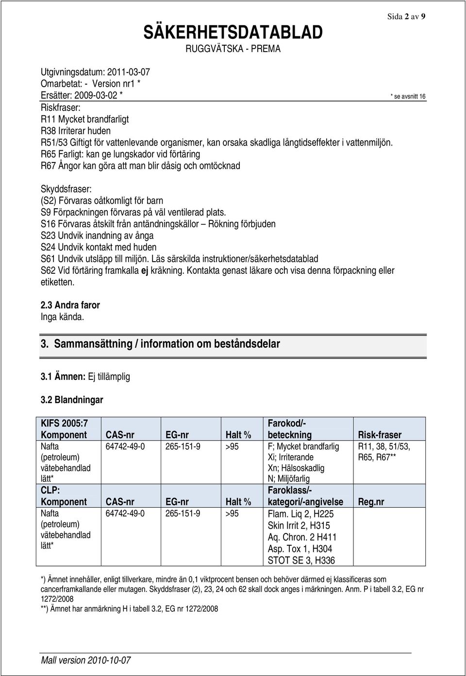 S16 Förvaras åtskilt från antändningskällor Rökning förbjuden S23 Undvik inandning av ånga S24 Undvik kontakt med huden S61 Undvik utsläpp till miljön.