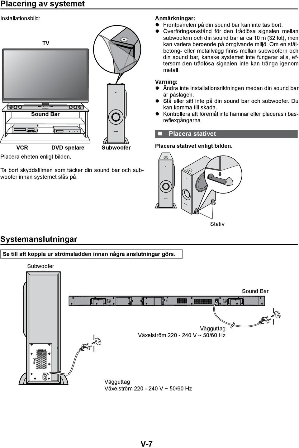 Om en stålbetong- eller metallvägg finns mellan subwoofern och din sound bar, kanske systemet inte fungerar alls, eftersom den trådlösa signalen inte kan tränga igenom metall.