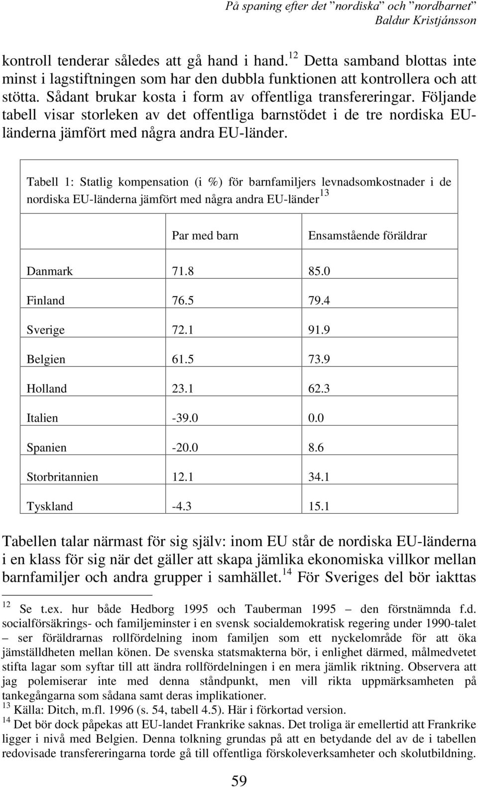 Tabell 1: Statlig kompensation (i %) för barnfamiljers levnadsomkostnader i de nordiska EU-länderna jämfört med några andra EU-länder 13 Par med barn Ensamstående föräldrar Danmark 71.8 85.