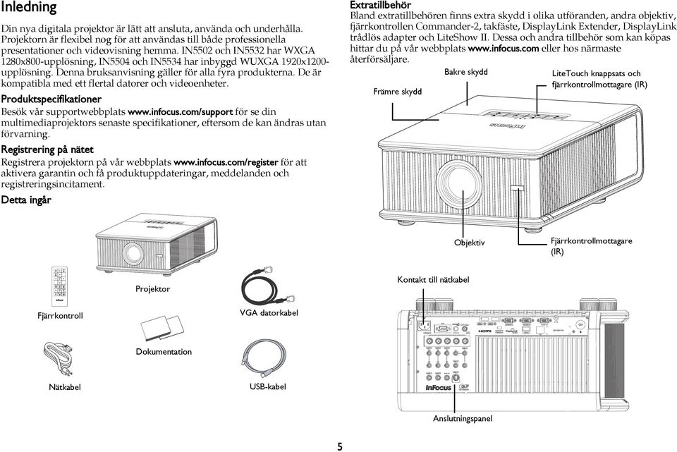 De är kompatibla med ett flertal datorer och videoenheter. Produktspecifikationer Besök vår supportwebbplats www.infocus.