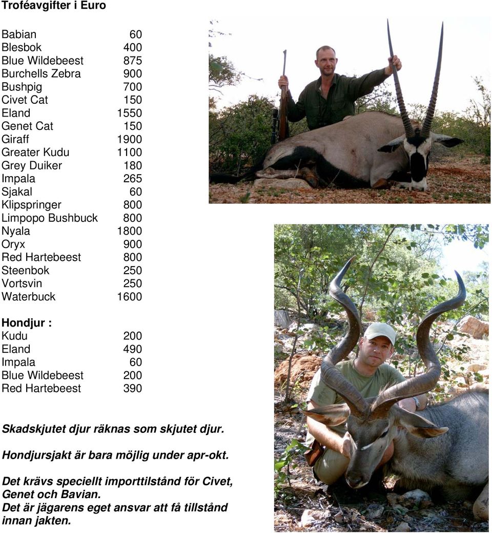 Vortsvin 250 Waterbuck 1600 Hondjur : Kudu 200 Eland 490 Impala 60 Blue Wildebeest 200 Red Hartebeest 390 Skadskjutet djur räknas som skjutet djur.