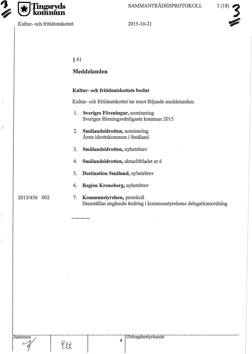 Smålandsidrotten, nominering Årets idrottskommun i Småland 3. Smålandsidrotten, nyhetsbrev 4. Smålandsidrotten, aktuelltbladet nr 6 5.