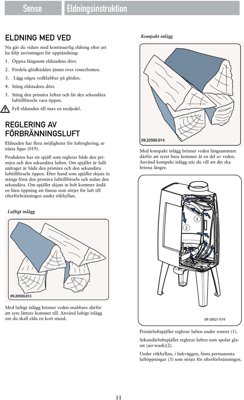 Fyll eldstaden till max en tredjedel. REGLERING AV FÖRBRÄNNINGSLUFT nästa figur (019). Produkten har ett spjäll som reglerar både den primära och den sekundära luften.